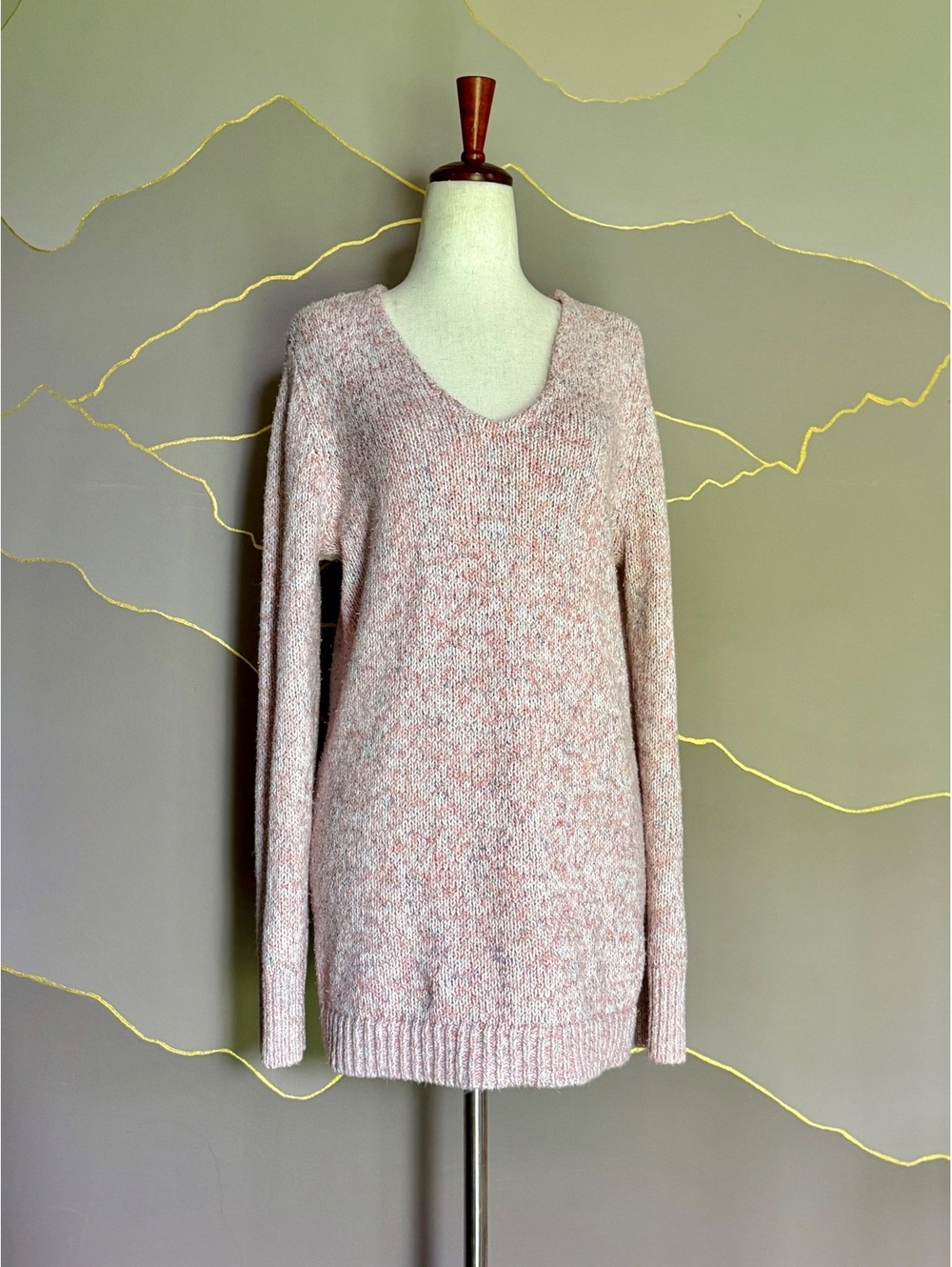 LOFT Women’s Medium Pink Marbled V-Neck Longline Sweater Pullover NWOT